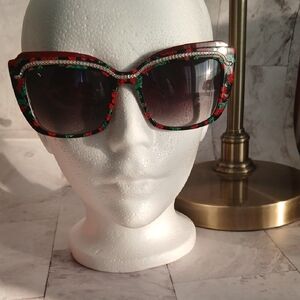 Betsey Johnson Floral Oversized Sunglasses with Crystal Trim - Black/Red/Green